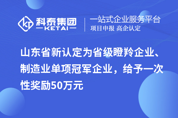 山東省新認定為省級瞪羚企業、制造業單項冠軍企業，給予一次性獎勵 50 萬元