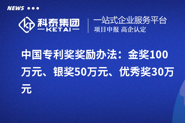 中國專利獎：金獎100萬元、銀獎50萬元、優秀獎30萬元（省級）
