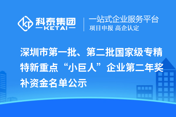 深圳市第一批、第二批國家級專精特新重點“小巨人”企業第二年獎補資金名單公示