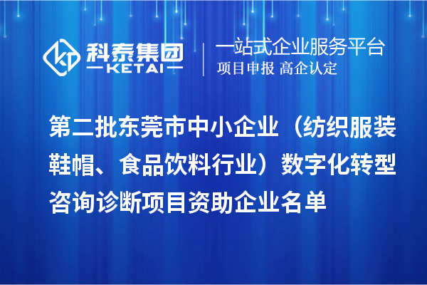 第二批東莞市中小企業（紡織服裝鞋帽、食品飲料行業）數字化轉型咨詢診斷項目資助企業名單